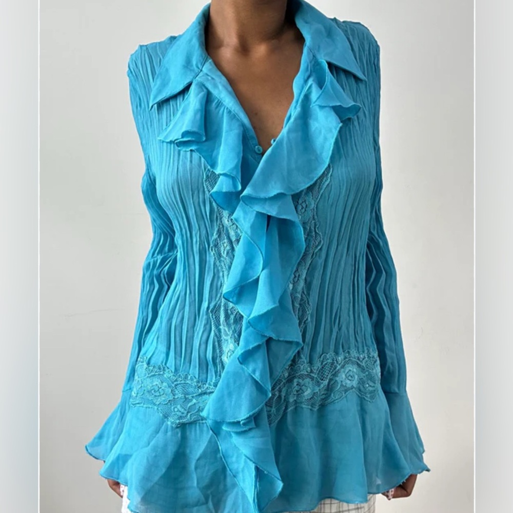 Vintage teal blue ruffle lace wide sleeve textured babydoll top